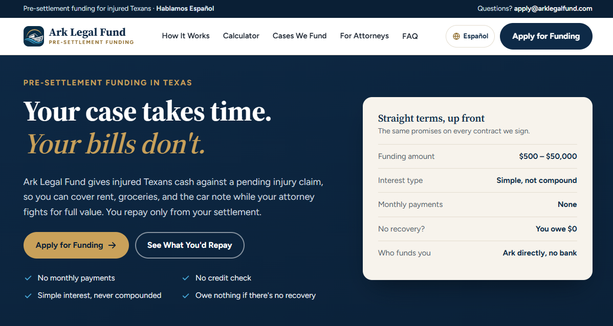 Homepage of the Ark Legal Fund website