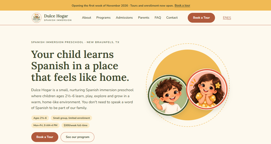 Homepage of the Dulce Hogar Spanish Immersion website
